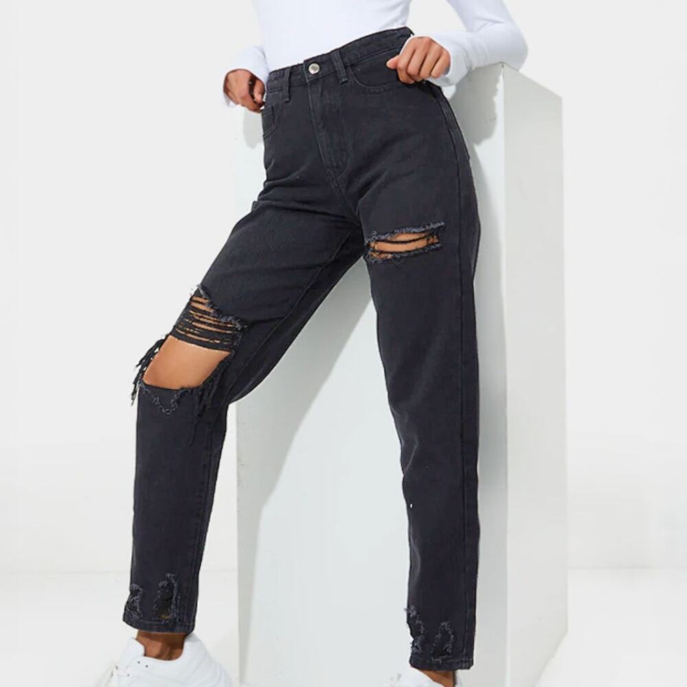 PRETTYLITTLETHING Washed Black Open Knee Ripped Hem Mom Jeans Sz 4